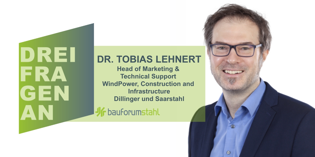Transformation zu grünem Stahl_3 Fragen an Dr. Tobias Lehnert Logo der Reihe: "3 Fragen an" mit einem Portraitbild von Dr. Tobias Lehnert