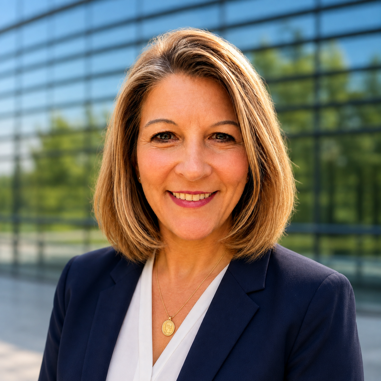 Manuela Rehfeldt Porträt von Manuela Rehfeldt vor einem modernen Bürogebäude